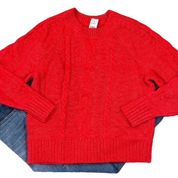 **NWT Loft Crimson Red Relaxed Fit Stitchy Cable Knit Sweater - Picture 3 of 6